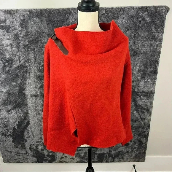 Eileen Fisher Wool Snap Cape Cardigan Jacket Red Orange Lagenlook Leather - Picture 1 of 12